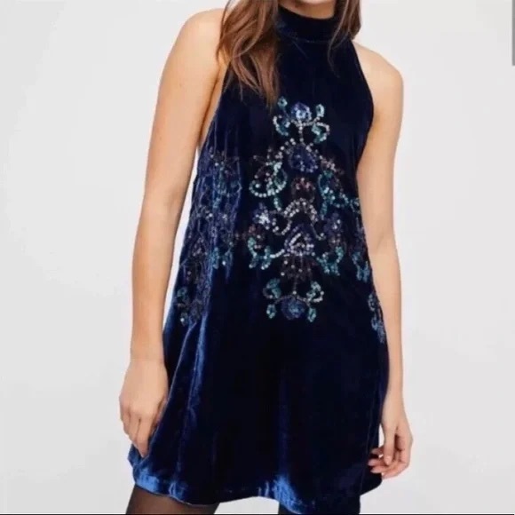 Free People Dresses & Skirts - Free People Blue Velvet Sequin Swing Dress